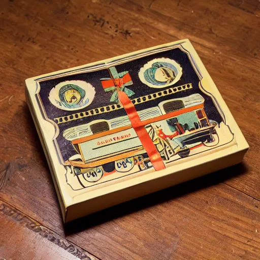 Prompt: vintage gift box for men, old school, wes anderson style