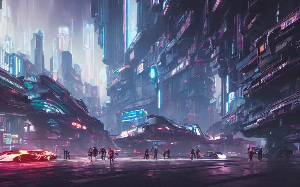 Prompt: a beautiful concept art, cyberpunk 2 0 7 7, futuristic neon space colony terraced in multiple levels, with people walking, cyber robotics creatures, large space ships, scenes from tron or blade runner cinematic, by wayne barlow, greg rutkowski, dark night, hyper detailed, vibrant, fantasy, 8 k hdr, digital, artstation, cg