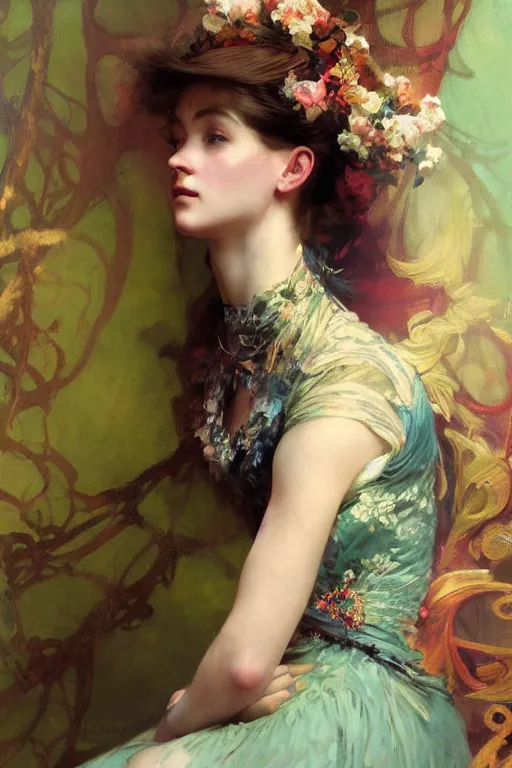 Image similar to an intricate artistic pose painting of a beautiful young victorian lady with an artistic pose wearing a beautiful velvet dress, hyper detailed, octane render, vivid colors, artstation, by jeremy mann, alphonse mucha, by boris vallejo