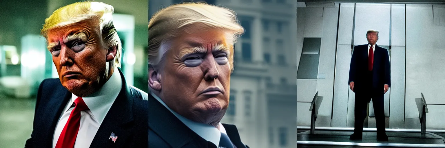 Prompt: close-up of Donald Trump as a detective in a movie directed by Christopher Nolan, movie still frame, promotional image, imax 70 mm footage