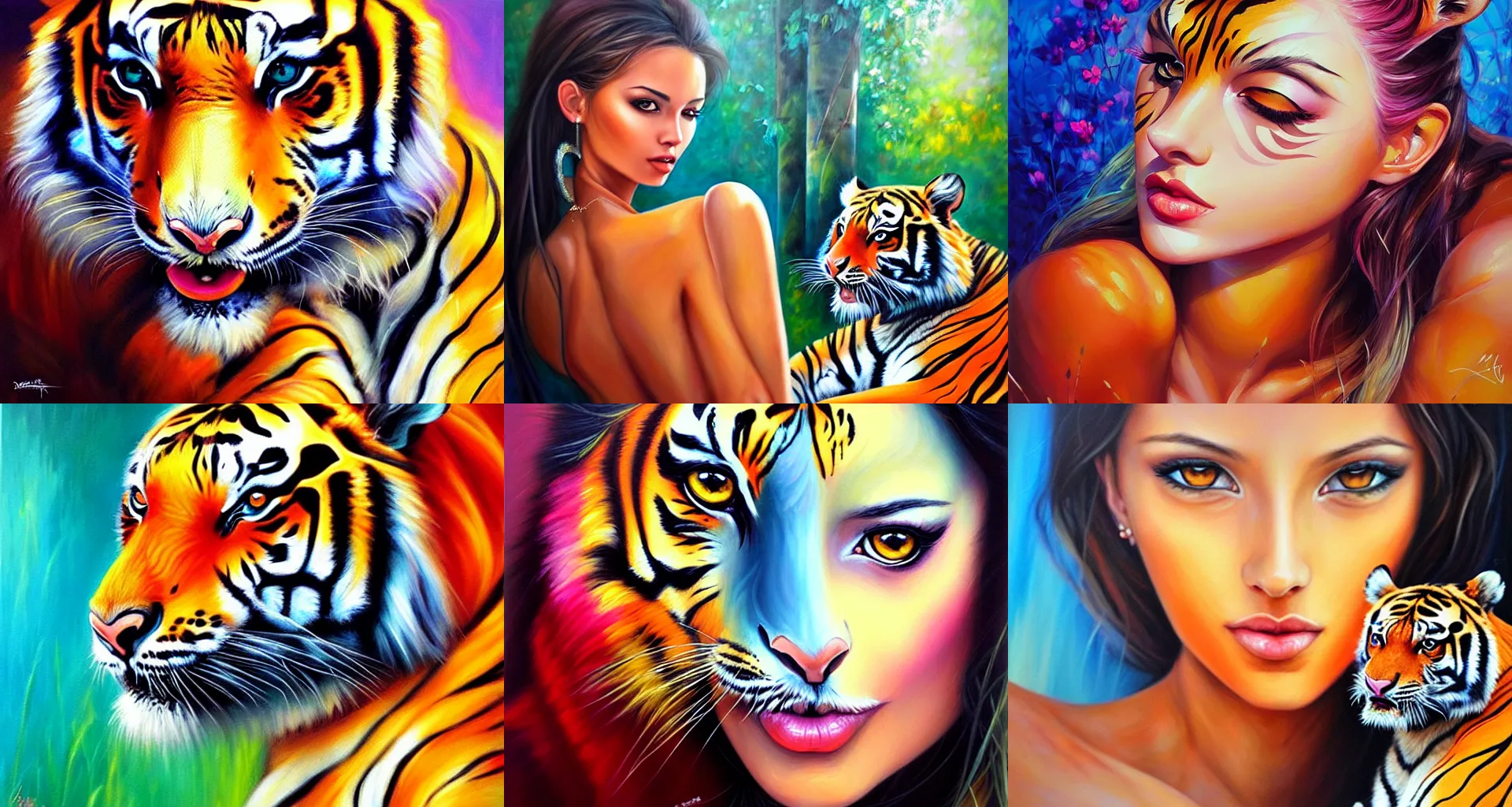 Prompt: dimitra milan painting, portrait of a beautiful woman and a tiger, dreamy setting, colorful, acrylic painting on canvas, sharp focus, by dimitra milan, by artgerm, by rossdraws.