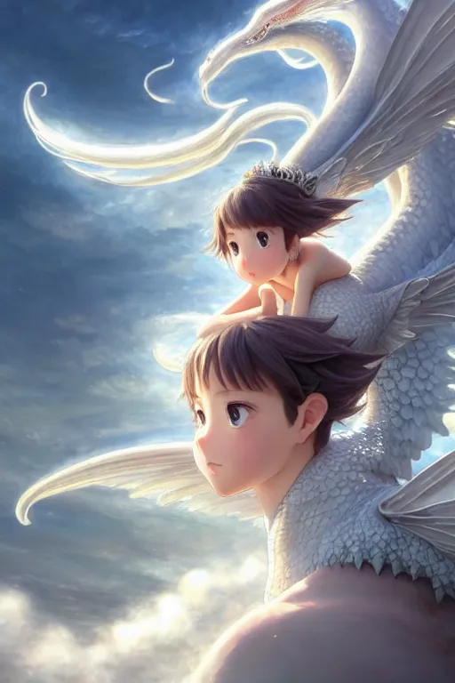 Image similar to the beautiful hyper detailed big scene render that a beautiful princess sitting on the back of a huge silver white dragon alone in fairyland surrounded by white clouds, finely detailed angelic face delicate features, style of studio ghibli, makoto shinkai, raphael lacoste, artgerm, karol bak, kazuki tanahashi, james jean, ross tran, ultra wide angle