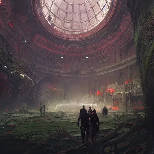 Image similar to concept art by greg rutkowski, a futuristic large inner garden under a great dome, desolate, covered in reddish slime on all sides, uncanny atmosphere, low light, scary atmosphere, scifi, highly detailed portrait, digital painting, artstation, concept art, smooth, sharp foccus ilustration, artstation hq