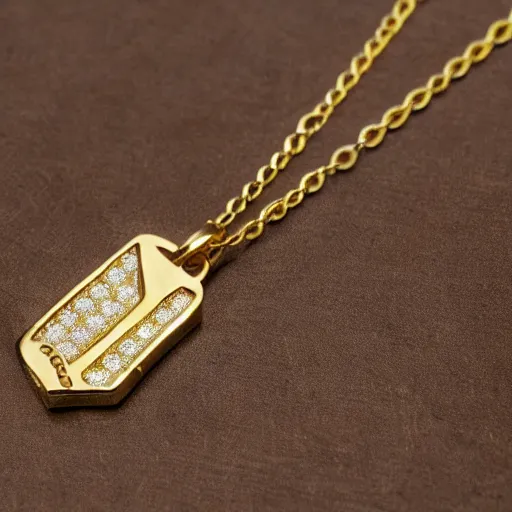 Prompt: a gold chain with a diamond pendant shaped like a glass of milk