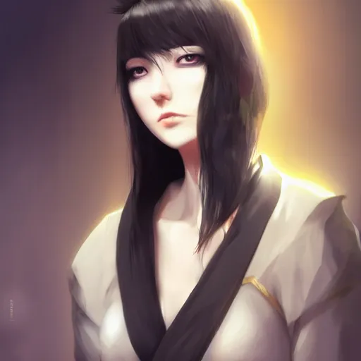 Image similar to heroine, beautiful, sui ishida with black hair, hyperrealistic, highly detailed, 8 k, a real photographic, digital art, character, realistic, full body portrait, female samurai, symatrical, dark atmospheric lighting, artstation, symetric, lineart