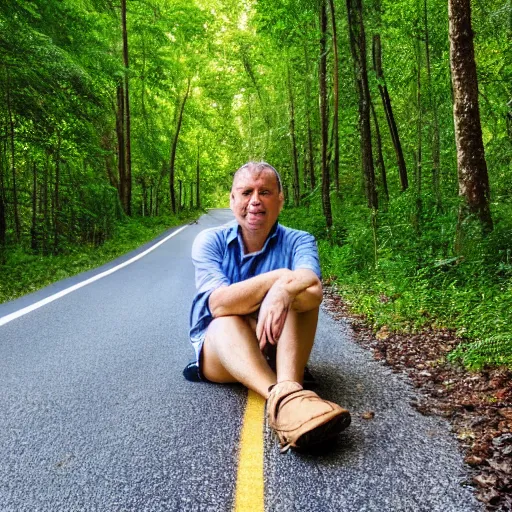 Image similar to A man sitting on a beautiful road in a forest with tall Nutmeg trees lined up on the side of the road with his back to the camera, professional photography