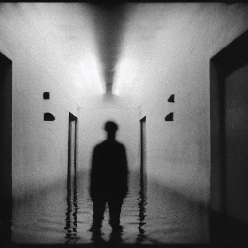 Prompt: a flooded creepy empty basement hallway with a creepy smiling silhouette of a man standing in the dark, shaky, out of focus, expired film grain, craigslist photo