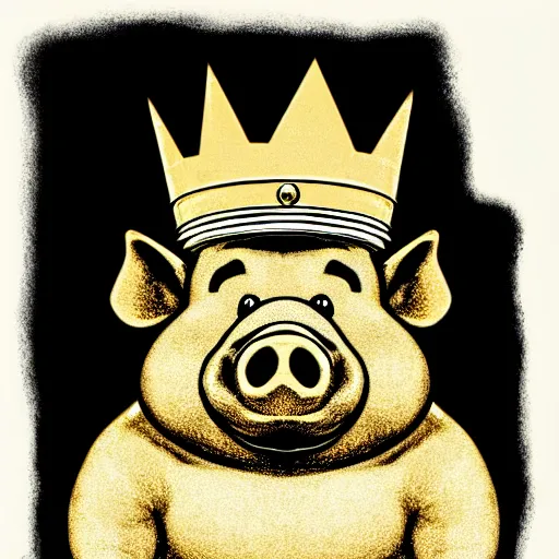 Image similar to standing pig wearing a gold crown on it's head black and white illustration concept art in the style of Arthur Adams, full body 8k
