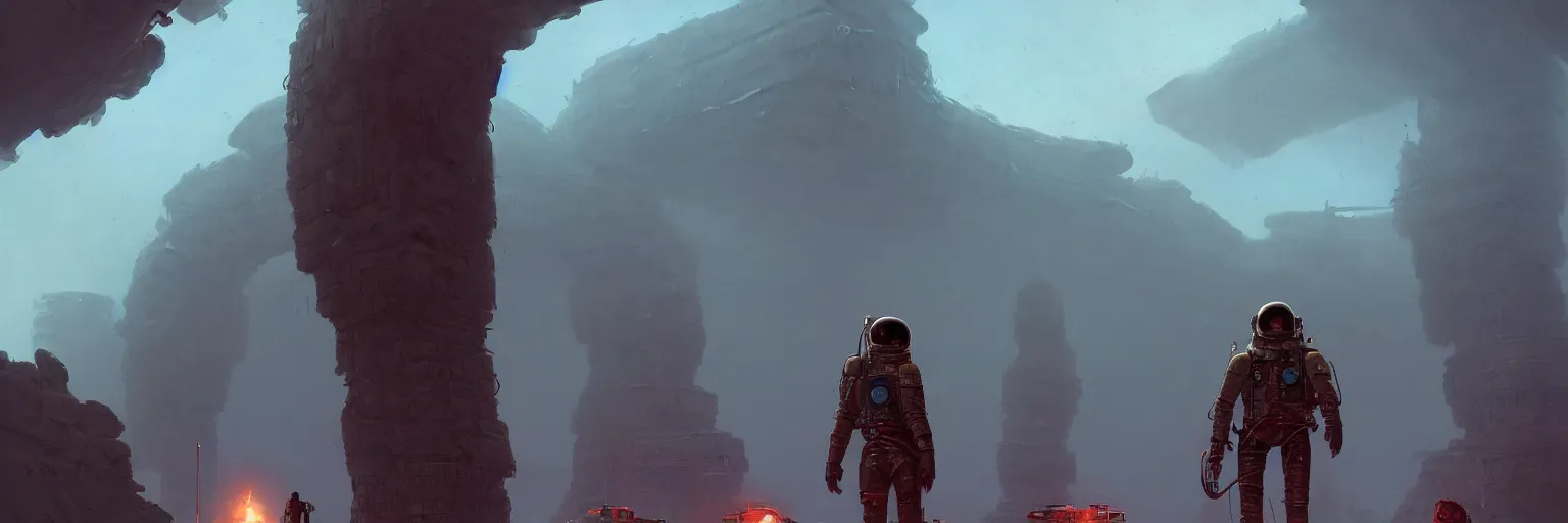 Prompt: An explorer cosmonaut standing in front of an epic colossal wall made of metal, by Simon Stalenhag, by Marc Simonetti, by Greg Rutkowski, masterpiece, sci-fi, cinematic composition, exploration, concept art, tomb raider game, dramatic, aesthetic, trending on artstation, featured on pixiv, 8K