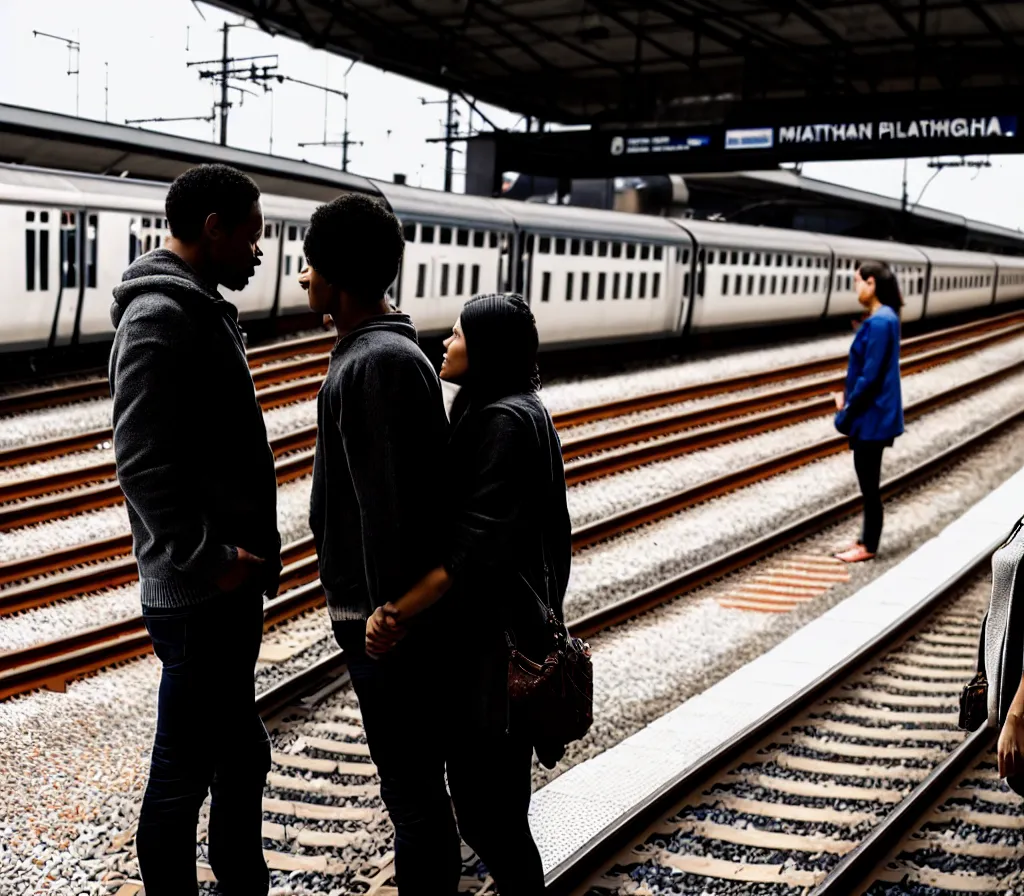 Prompt: A man and a woman wait for a train on a platform back to the camera, hugging, trains in the background, morning hard light, photorealistic, high quality photography