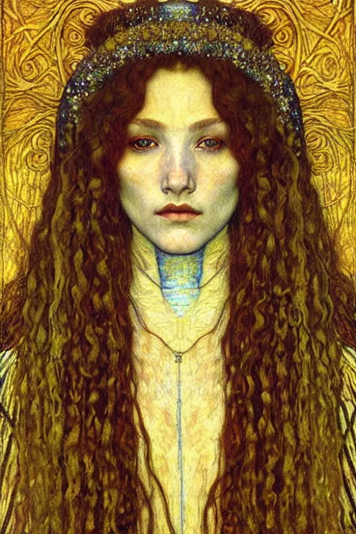 Image similar to detailed realistic beautiful young medieval queen face portrait by jean delville, gustav klimt and vincent van gogh, art nouveau, symbolist, visionary, gothic, pre - raphaelite, muted earthy colors, desaturated