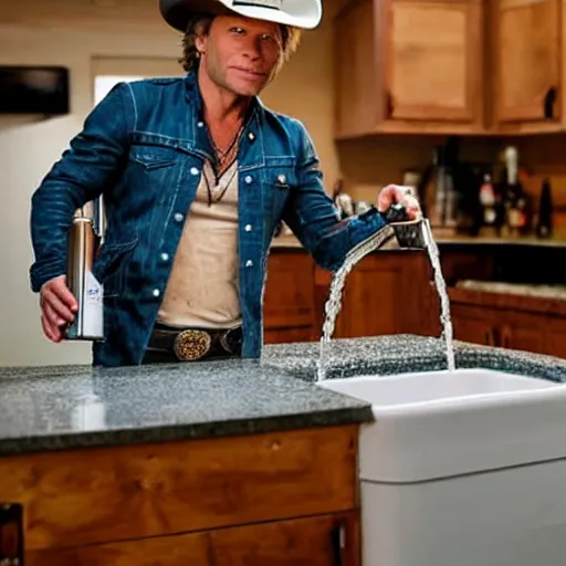 Prompt: photograph of Jon Bon Jovi with cowboy hat pouring beer from a tap into a dirty bowl in the kitchen sink