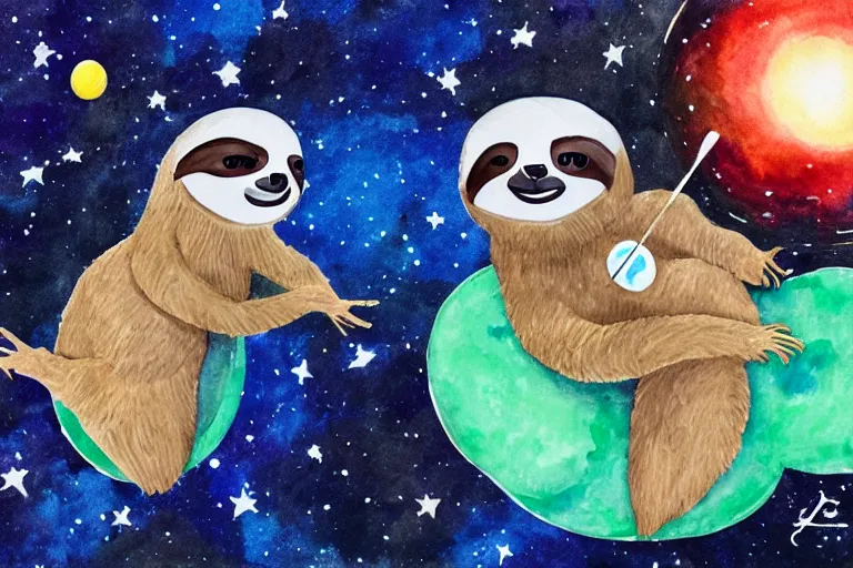 Image similar to a sloth and a llama playing ping pong in space, water color