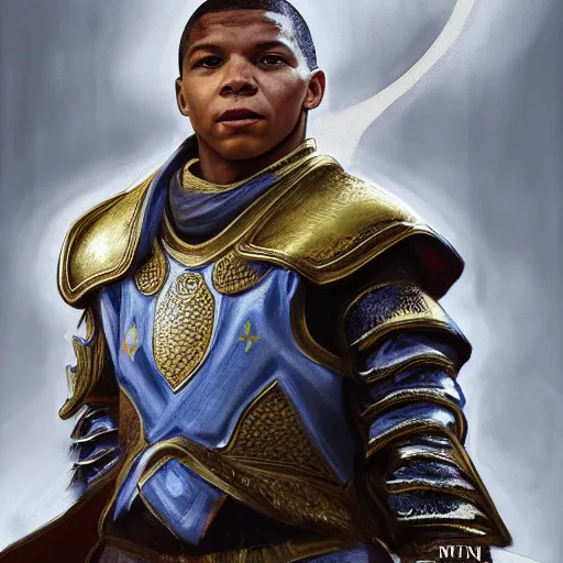 Prompt: portrait of Kylian Mbappe in fantasy armor, detailed, cinematic light, art of D&D