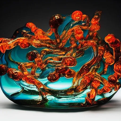 Prompt: an elaborate glass sculpture filled with orange glowing liquid. photography by annie Liebowitz