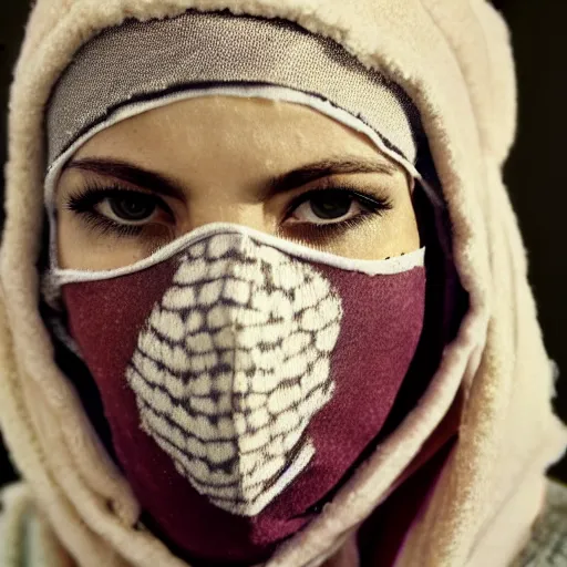 Image similar to female balaclava photography portrait, epic film still