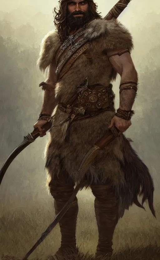 Image similar to full body portrait of a gruff ranger with a spear, wolf pelt on his head, muscular, handsome face, hairy body, D&D, fantasy, intricate, elegant, highly detailed, digital painting, artstation, concept art, matte, sharp focus, illustration, art by Artgerm and Greg Rutkowski and Alphonse Mucha