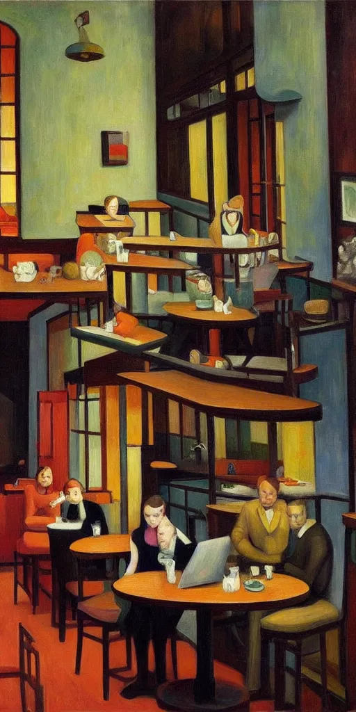 Image similar to cat cafe atrium, grant wood, pj crook, edward hopper, oil on canvas