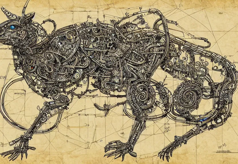 Image similar to 1 / 4 frame, schematic blueprint of highly detailed ornate filigreed convoluted ornamented elaborate cybernetic rat, full body, character design, middle of the page, art by da vinci