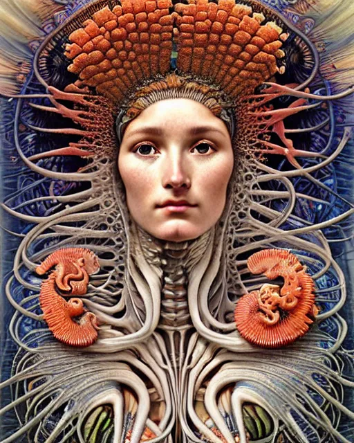 Image similar to hyperrealistic detailed face side portrait of the beautiful goddess of the fish skeletons with an intricate headgear of corals, sea kelp, sea plants, fish, starfish, jellyfish, art by ernst haeckel, john william godward, android jones, alphonso mucha, h. r. giger, gothic - cyberpunk, ornamental, beautiful deep colours,