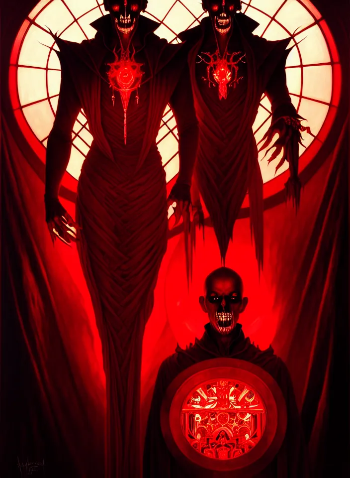 Image similar to symmetry!! portrait of a demonic man, gothic outfit, blood colored glowing lights!! evil atmosphere, intricate, elegant, highly detailed, digital painting, artstation, symmetric concept art, smooth, sharp focus, illustration, art by artgerm and greg rutkowski and alphonse mucha, 8 k