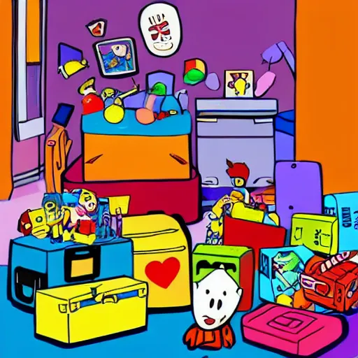 Image similar to a painted cartoonish scene, an open suitcase sits on a table, the open suitcase contains a vast pile of toys, the pile of toys rises all the way to the ceiling, the pile of toys blocks the background, a woman stands next to the table and suitcase, the woman holds more toys