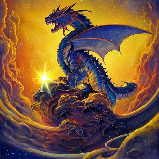 Prompt: A beautiful painting of a dragon in space by Justin Gerard. The dragon is in the foreground with its mouth open, revealing rows of sharp teeth. Its body is coiled and ready to strike, and its tail is wrapped around a star in the background. The colors are bright and the background is full of stars and galaxies. The overall effect is one of chaotic energy and movement. cow print, aardman animation by John Wayne Gacy CGI, tumultuous