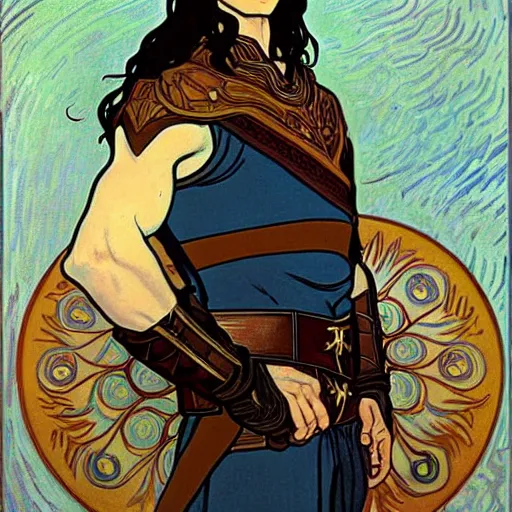 Image similar to portrait painting of young handsome beautiful paladin elf!! man with long! wavy dark hair and blue eyes in his 2 0 s named taehyung minjun james, pale, wearing armor!, gorgeous hair, elf ears, icy eyes, elegant, cute, delicate, soft facial features, art by alphonse mucha, vincent van gogh, egon schiele,