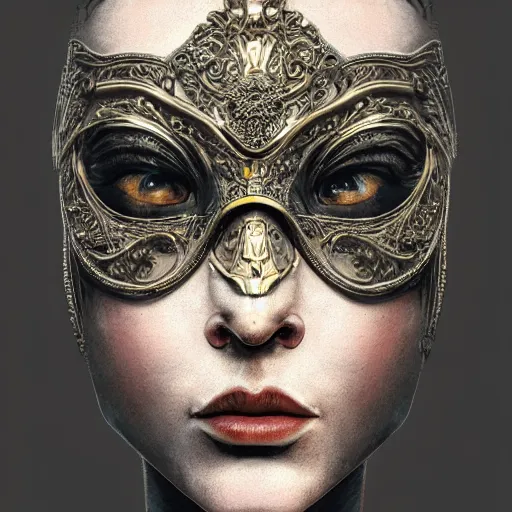 Image similar to Very very very very highly detailed epic photo of face with venetian mask, intricate, dystopian, sci-fi, extremely detailed, digital painting, artstation, concept art, smooth, sharp focus, illustration, intimidating lighting, incredible art by Anton Pieck