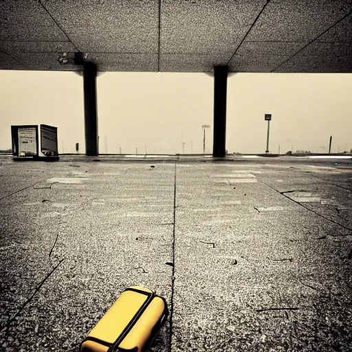 Image similar to Shot from below, of a ransacked empty luggage left on the ground, in a town filled with pale yellow mist. Dystopian. End of the world. Depth of field. Film grain. Award-winning photo. Sigma 40mm f/1.4 DG HSM