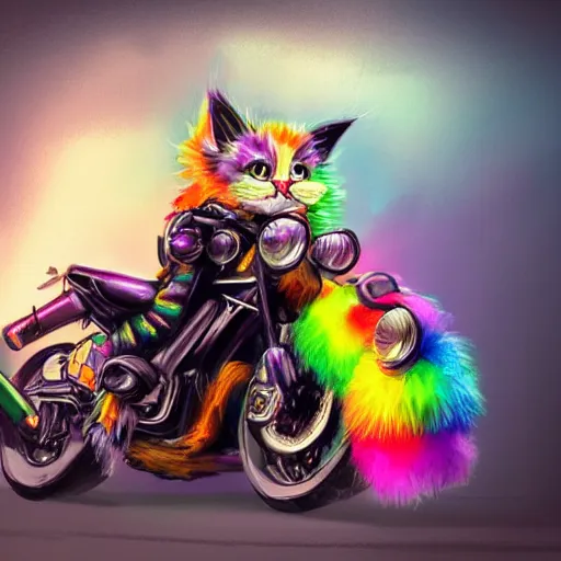 Image similar to wide angle full body, jacket wearing fluffy cute rainbow kitten wearing a black leather motorcycle jacket, riding on a motorcycle, cinematic concept art