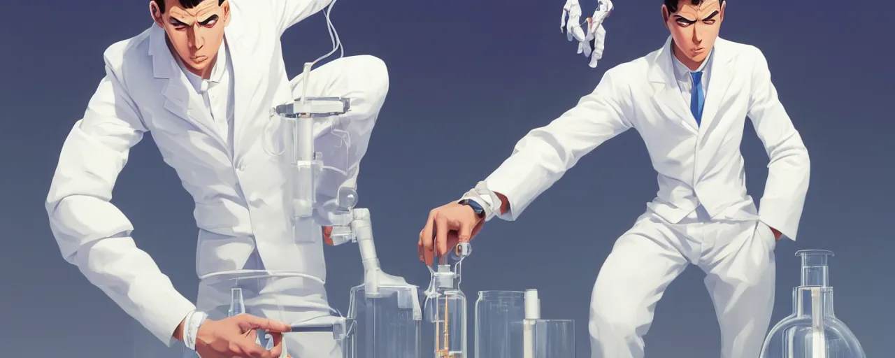 Prompt: stoic heroic emotionless butch young man scientist with short slicked - back hair, making an experiment - wearing white suit, wearing jetpack, digital art, solid white background, behance hd by jesper ejsing, by rhads, makoto shinkai and lois van baarle, ilya kuvshinov, rossdraws global illumination.