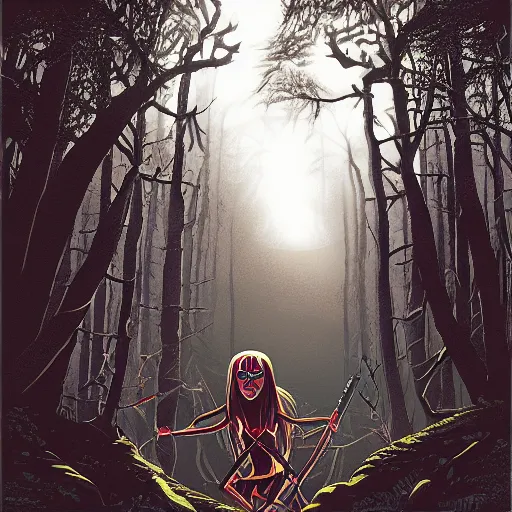 Image similar to iron maiden in the dark forest by ilya kuvshinov, zemyata hd 8k