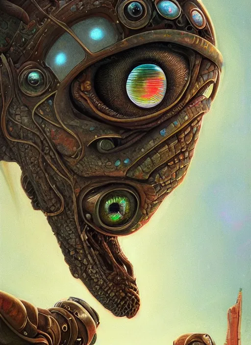 Prompt: close up sci - fi hippie poster art simon stalenhag reptile robot eyes, rainbow fur, elegant, highly detailed, centered, digital painting, concept art, smooth, sharp focus, illustration, artgerm, tomasz alen kopera, peter mohrbacher, donato giancola, joseph christian leyendecker, wlop, frank frazetta