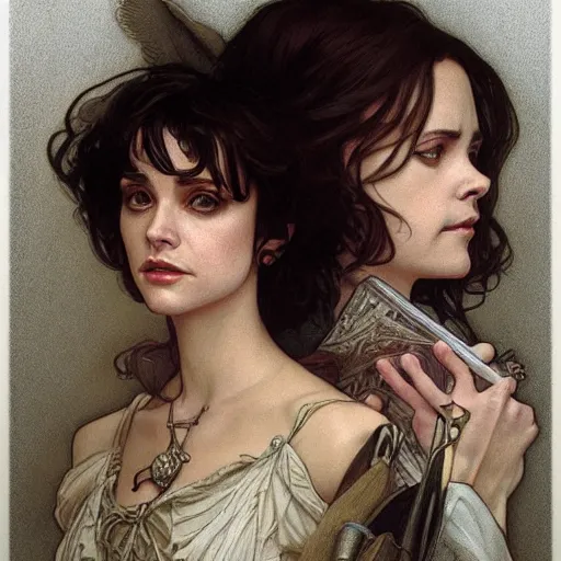 Image similar to amazing lifelike award winning pencil illustration of Winona Ryder and Christina ricci trending on art station artgerm Greg rutkowski alphonse mucha cinematic