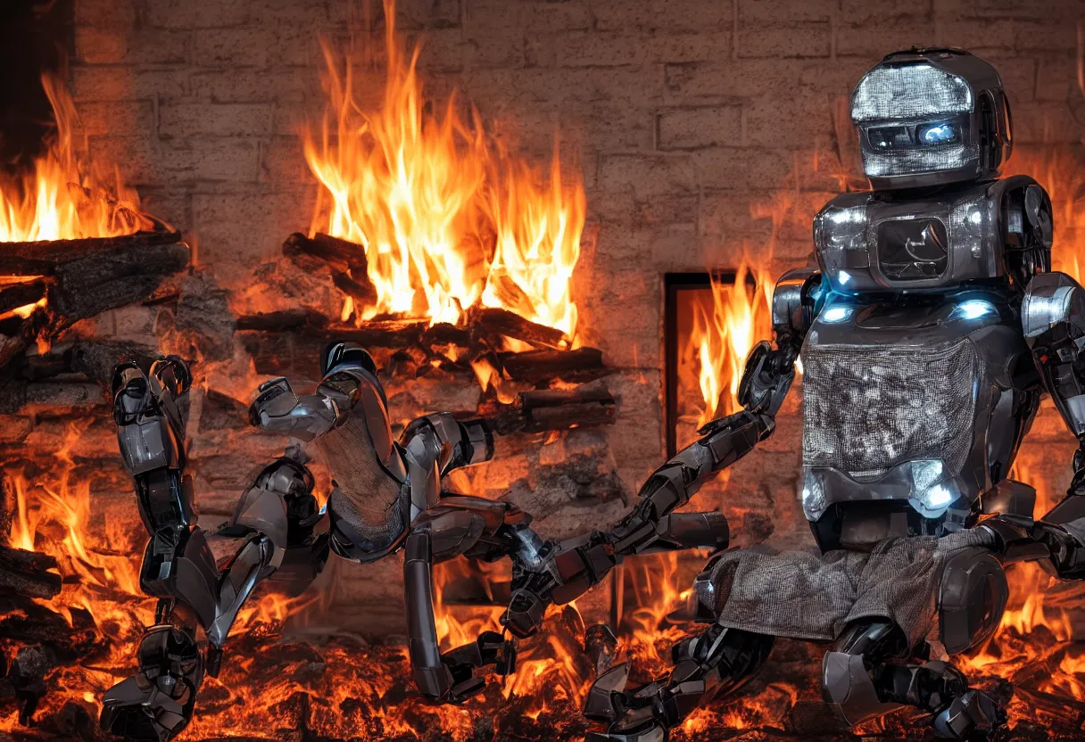 Image similar to An intimate closeup portrait photograph of one menacing cybertronic robot sitting on a frayed recliner in front of a single beautiful fireplace with a cozy fire