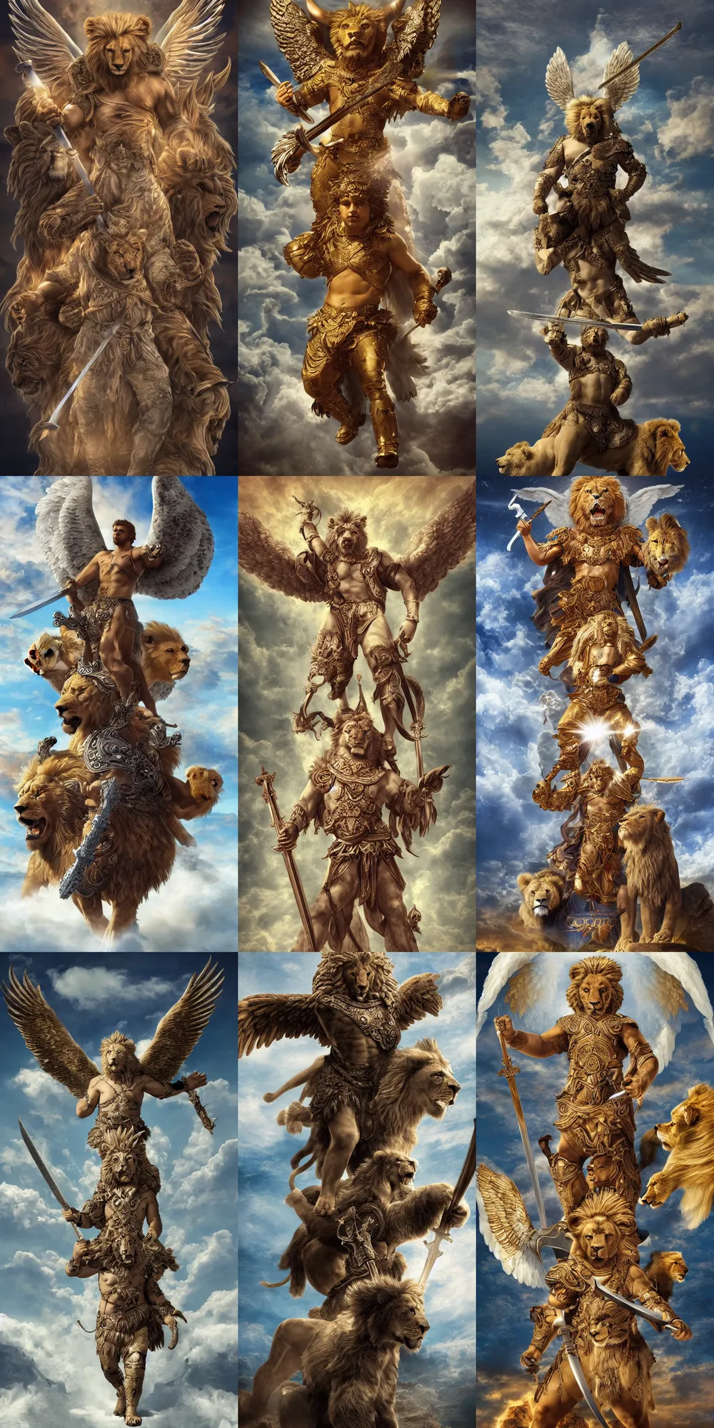 Prompt: full body render of a multi headed angelic warrior holding a sword hovering above the clouds with the head of a lion, head of a bear, head of an eagle, head of a human male and 6 angelic wings