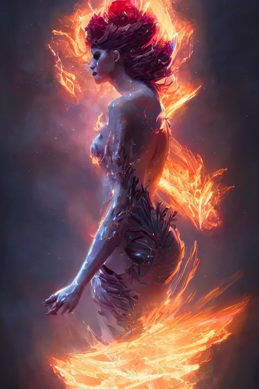 Prompt: torso closeup model wearing exploding fire crystal dress, sorcerer, diamonds, angel, fantasy, dramatic lighting, highly detailed, digital painting, holding electricity, magic the gathering, hyper detailed, 3 d render, hyper realistic detailed portrait, peter mohrbacher, wlop, ruan jia