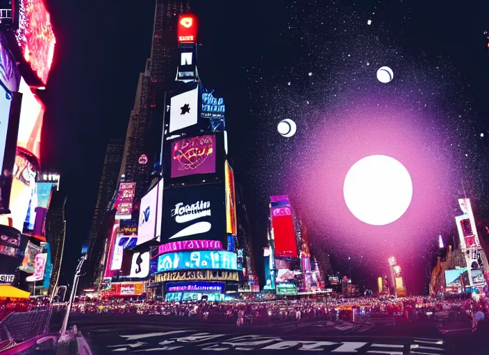 Image similar to film still of the moon shattering into pieces exploding moon over time square in the new disaster, 8 k, night time