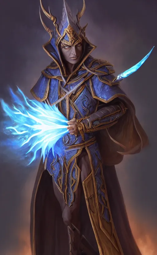 Prompt: legendary dark elf wizard with blue flame staff, highly detailed, d & d, fantasy, highly detailed, digital painting, trending on artstation, concept art, sharp focus, illustration, global illumination, ray tracing, realistic shaded, art by artgerm and greg rutkowski and fuji choko and viktoria gavrilenko and hoang lap