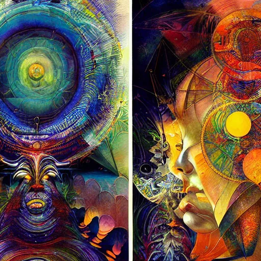 Prompt: visionary art of a transcendental voyage by android jones, collage artwork by dave mckean and yoshitaka amano