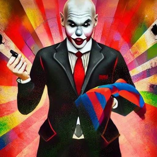 Image similar to portrait of agent 4 7 as a clown, colorful, circus background, cinematic, dramatic light, high detail, inside a messy room, masterpiece, art by jisu choe