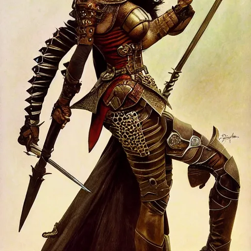 Prompt: half length portrait of hannah waddingham as an elf ranger in studded leather armor, d & d, medieval, fantasy, royo, klimt, miro, vallejo, frazetta, alphonse mucha, greg rutkowski, whealan