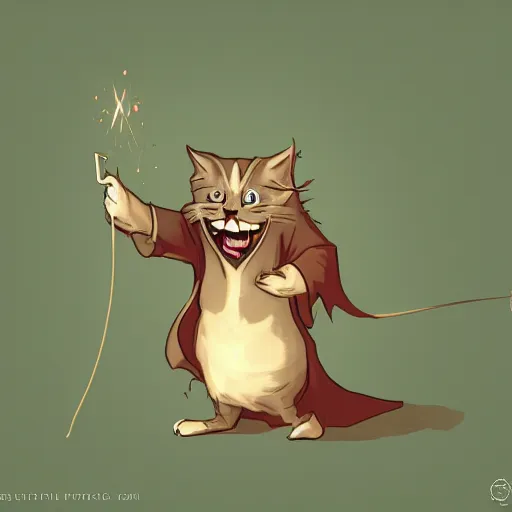 Prompt: wizard is laughing as a small cat, dynamic pose, chromatic aberration , medium level shot, comedy, fantasy, illustration, concept art,