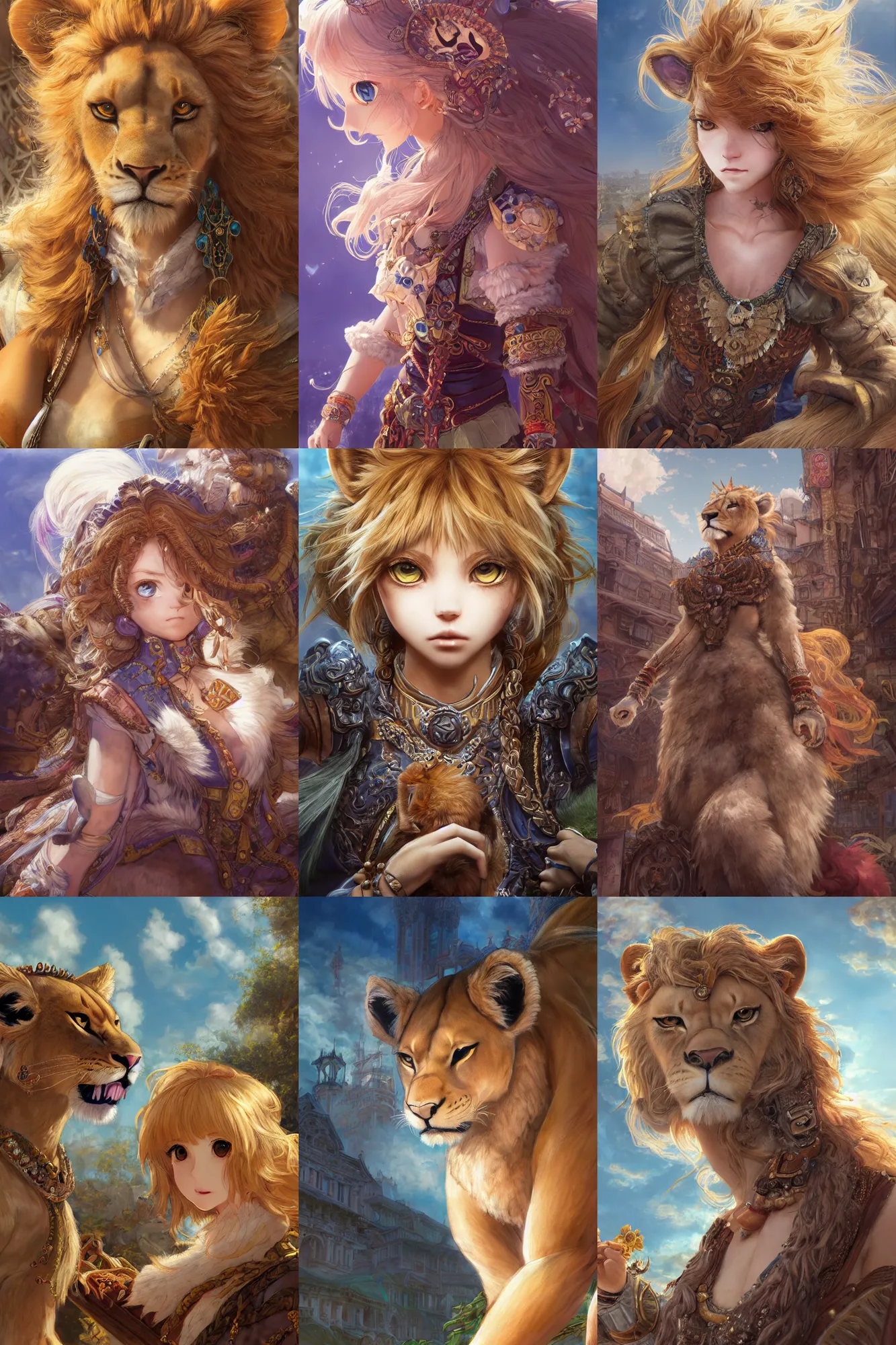 Prompt: furry art, character portrait of the lioness princess with gorgeous detailed eyes in the marketplace in the sky, color page, tankoban, 4 k, tone mapping, doll, akihiko yoshida, james jean andrei riabovitchev marc simonetti, yoshitaka amano, long hair, curly, h. hydrochaeris