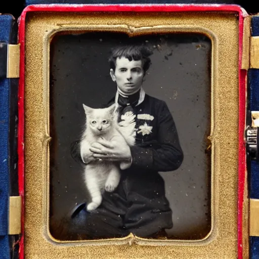 Prompt: a daguerreotype of a man in uniform, holding a kitten.