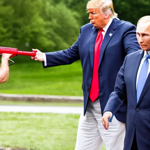 Prompt: photo of putin, trump and biden firing water guns at each other faces
