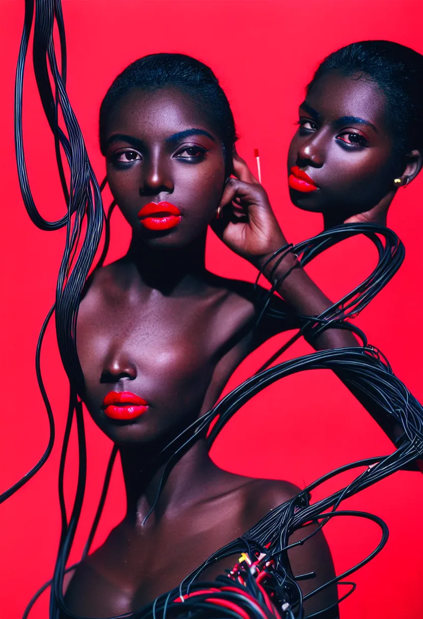 Prompt: medium shot, photograph of alluring dark skin young woman looking into camera, red lipstick, hundreds of cables and wires extruding from her head, sharp focus,, chromatic abberations, as fashion editorial 90s, kodak ektachrome