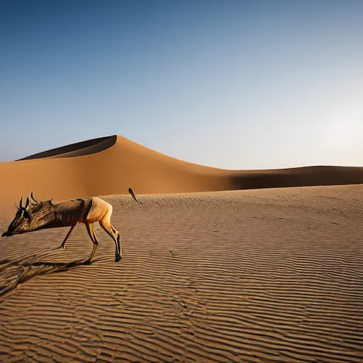 Prompt: golden oryx walks in the desert against the backdrop of a large sand dune, dawn,