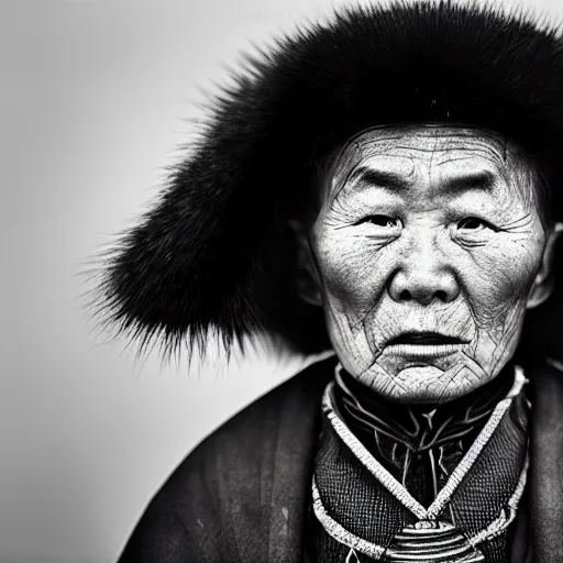 Prompt: portrait of a mongolian shaman, wearing mongolian costume, 7 0 yo, annoyed look, dark background, studio light, hdr, nikon 2 4 mm f / 1. 8 g, by sebastiao salgado